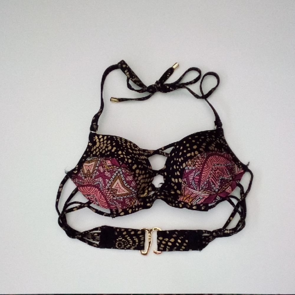 Black and Pink Patterned Women's Bikini Top